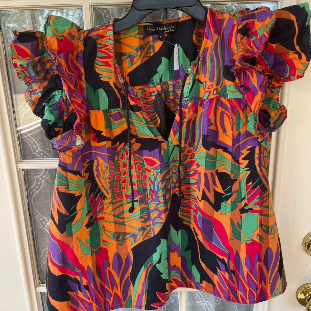 House of Harlow 1960 Size L 🌺 Bold Tropical Ruffle Sleeve Blouse Nicole Richie - Picture 4 of 5